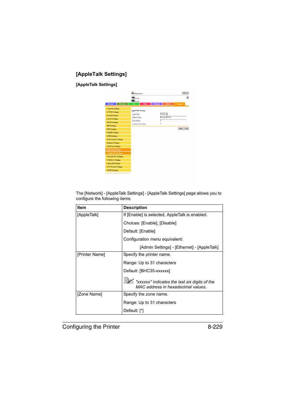 Appletalk settings, Appletalk settings] -229, Configuring the printer 8-229 | Konica Minolta bizhub C35 User Manual | Page 496 / 510