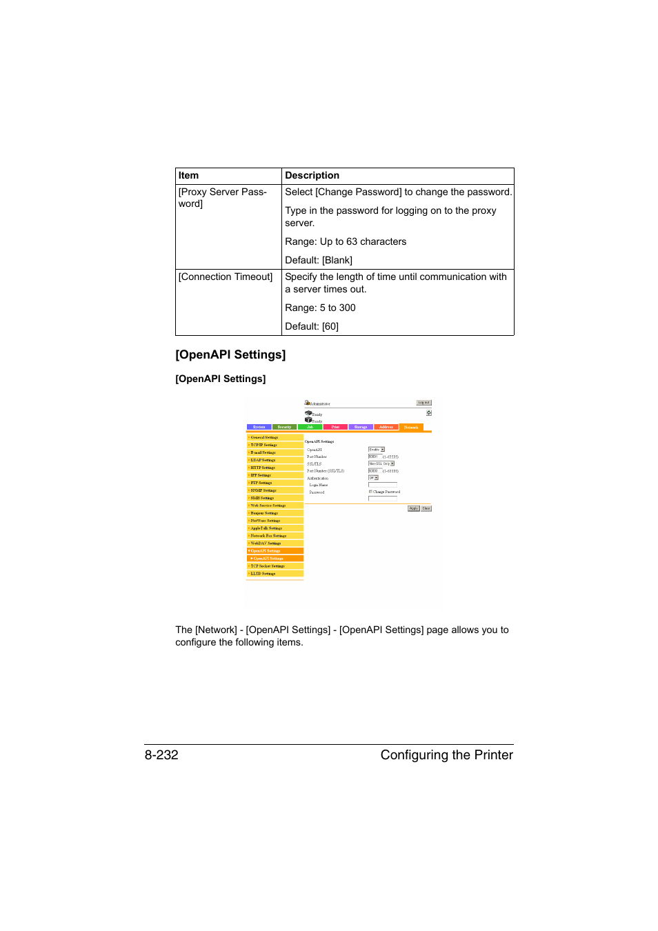 Openapi settings, Openapi settings] -232, Configuring the printer 8-232 | Konica Minolta bizhub C35 User Manual | Page 499 / 510