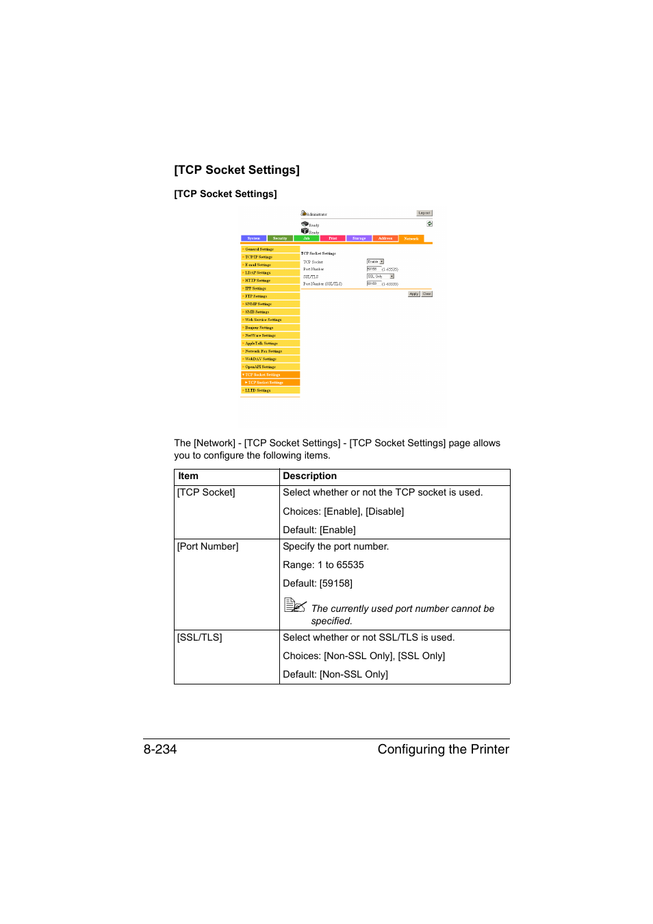 Tcp socket settings, Tcp socket settings] -234, Configuring the printer 8-234 | Konica Minolta bizhub C35 User Manual | Page 501 / 510