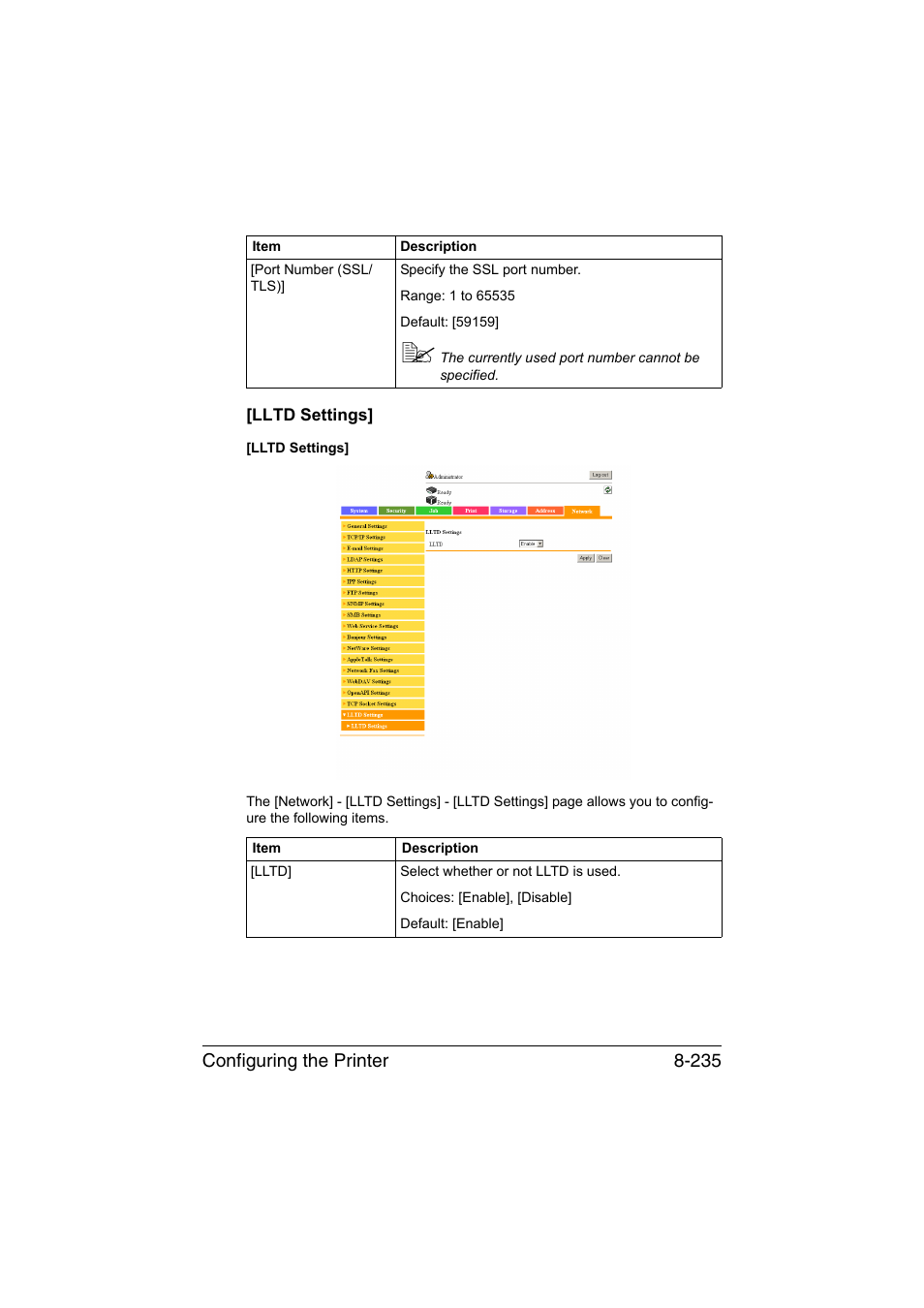 Lltd settings, Lltd settings] -235, Configuring the printer 8-235 | Konica Minolta bizhub C35 User Manual | Page 502 / 510