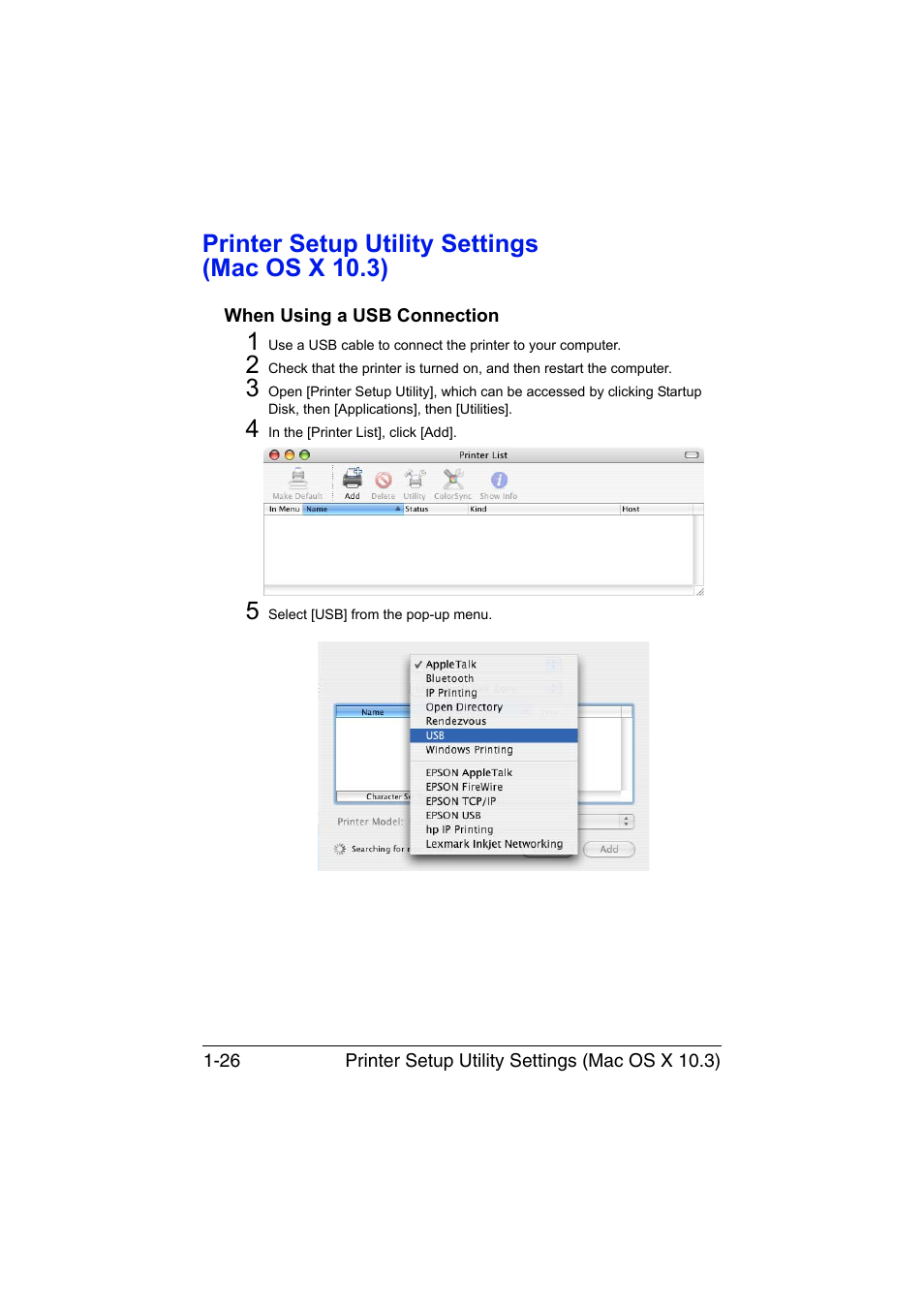 Printer setup utility settings (mac os x 10.3), When using a usb connection, Printer setup utility settings (mac os x 10.3) -26 | When using a usb connection -26 | Konica Minolta bizhub C35 User Manual | Page 53 / 510