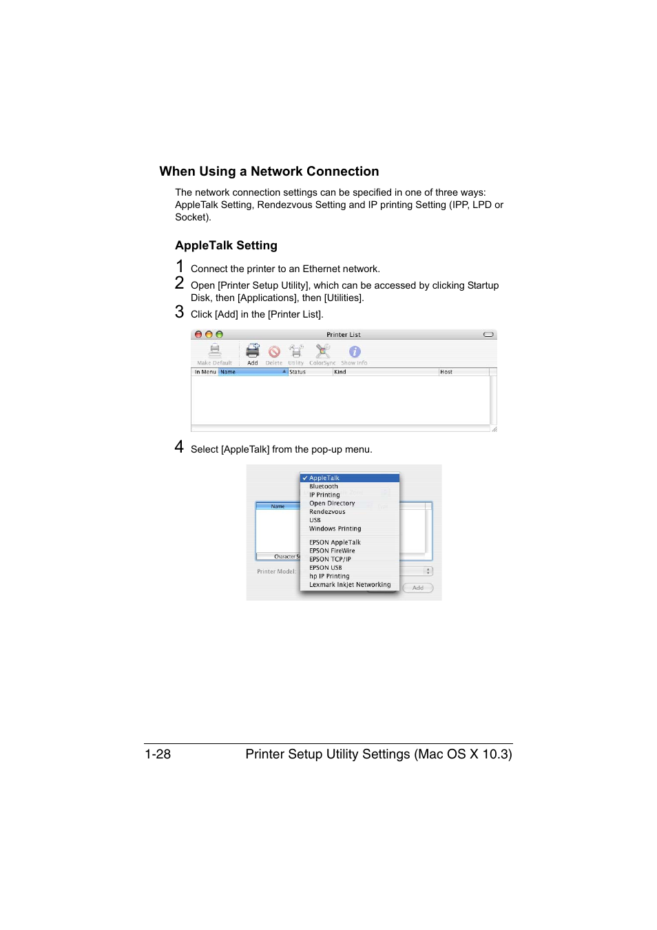 When using a network connection, Appletalk setting, When using a network connection -28 | Appletalk setting -28 | Konica Minolta bizhub C35 User Manual | Page 55 / 510