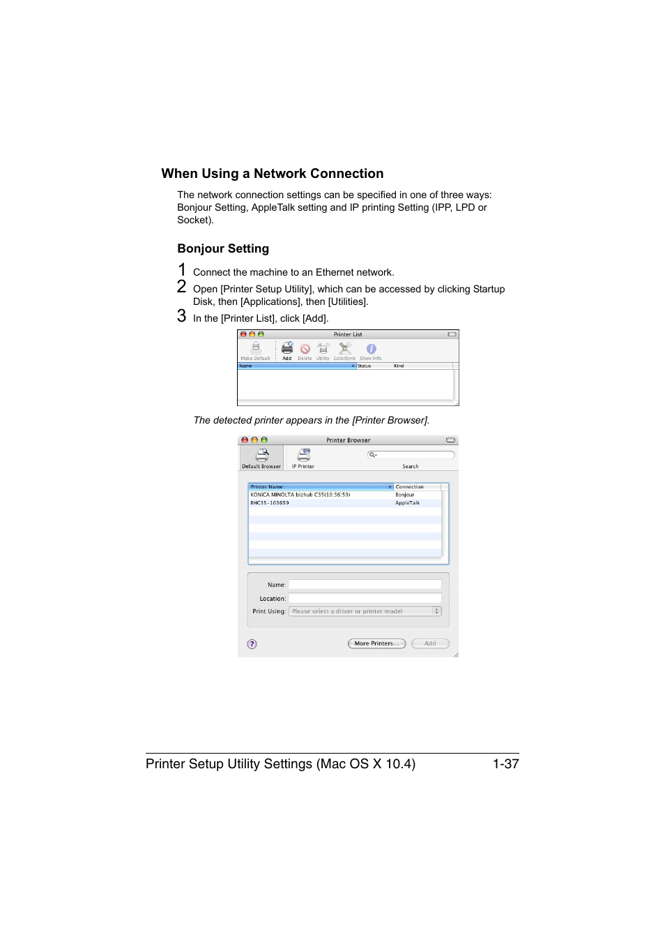 When using a network connection, Bonjour setting, When using a network connection -37 | Bonjour setting -37 | Konica Minolta bizhub C35 User Manual | Page 64 / 510