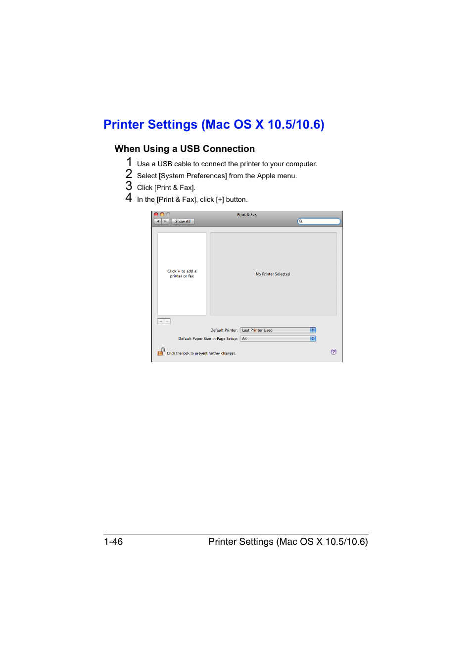 Printer settings (mac os x 10.5/10.6), When using a usb connection, Printer settings (mac os x 10.5/10.6) -46 | When using a usb connection -46 | Konica Minolta bizhub C35 User Manual | Page 73 / 510