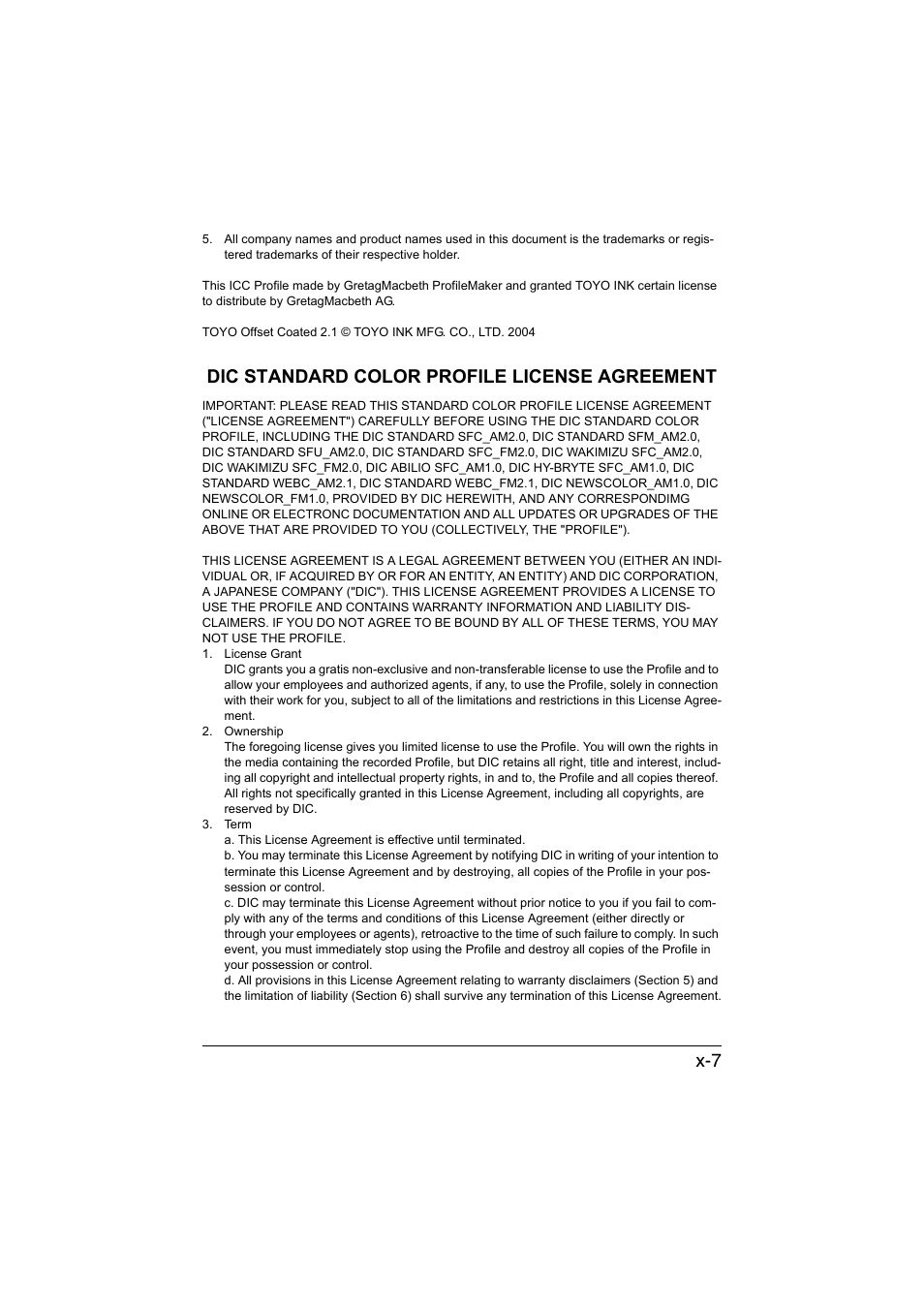 Dic standard color profile license agreement | Konica Minolta bizhub C35 User Manual | Page 8 / 510