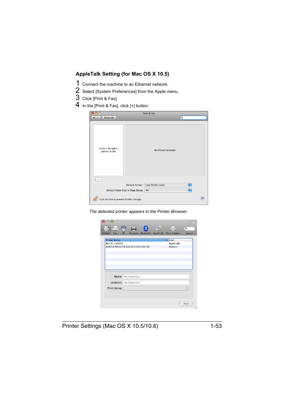 Appletalk setting (for mac os x 10.5), Appletalk setting (for mac os x 10.5) -53 | Konica Minolta bizhub C35 User Manual | Page 80 / 510