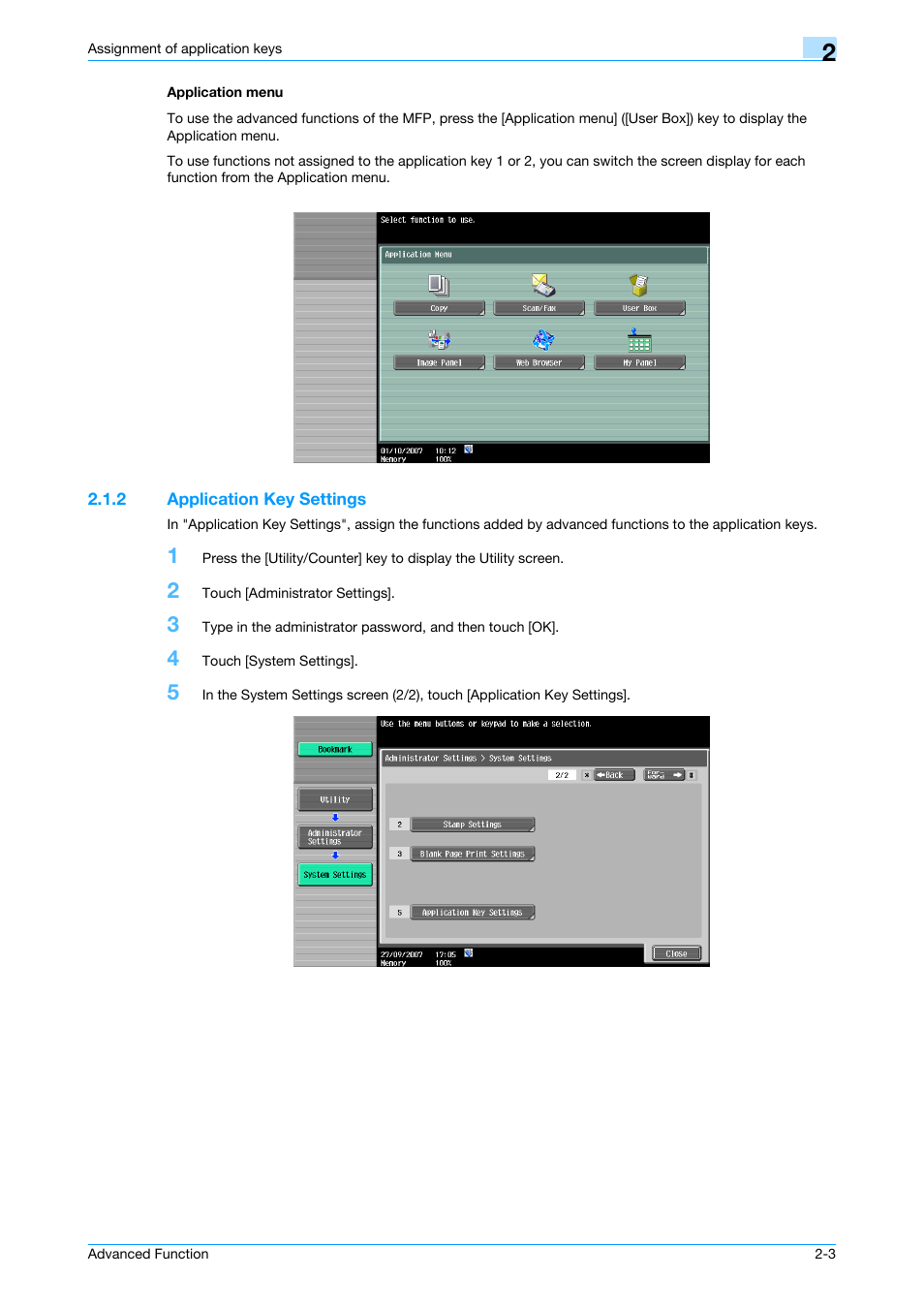 Application menu, 2 application key settings, Application menu -3 | Application key settings -3, Ation menu, refer to, Application key settings" on | Konica Minolta bizhub C451 User Manual | Page 13 / 82