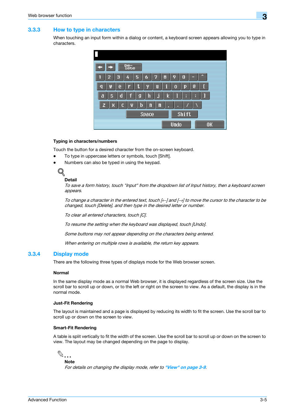 3 how to type in characters, Typing in characters/numbers, 4 display mode | Normal, Just-fit rendering, Smart-fit rendering | Konica Minolta bizhub C451 User Manual | Page 19 / 82