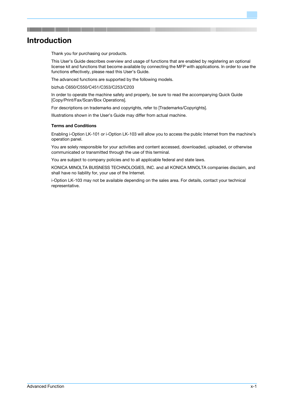 Introduction, Terms and conditions | Konica Minolta bizhub C451 User Manual | Page 2 / 82