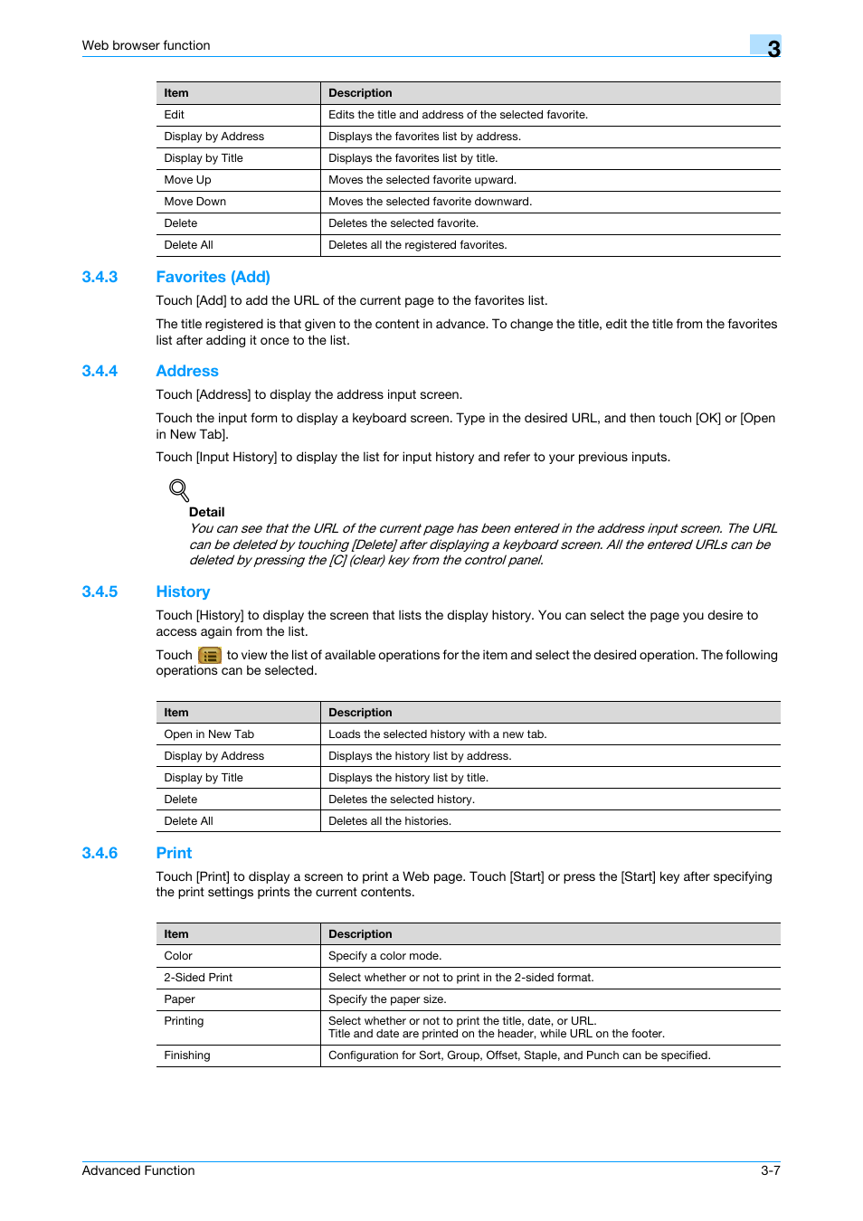 3 favorites (add), 4 address, 5 history | 6 print, Favorites (add) -7, Address -7, History -7, Print -7 | Konica Minolta bizhub C451 User Manual | Page 21 / 82