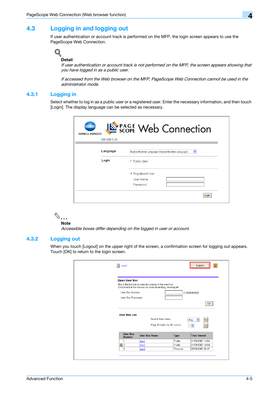 3 logging in and logging out, 1 logging in, 2 logging out | Logging in and logging out -5, Logging in -5, Logging out -5 | Konica Minolta bizhub C451 User Manual | Page 30 / 82