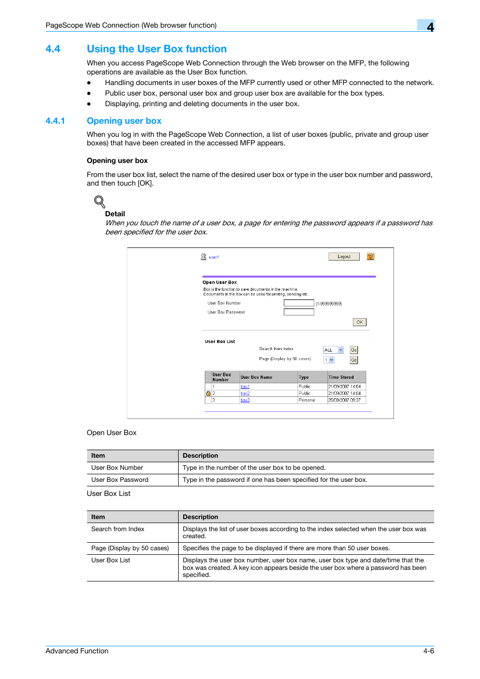 4 using the user box function, 1 opening user box, Opening user box | Using the user box function -6, Opening user box -6 opening user box -6 | Konica Minolta bizhub C451 User Manual | Page 31 / 82