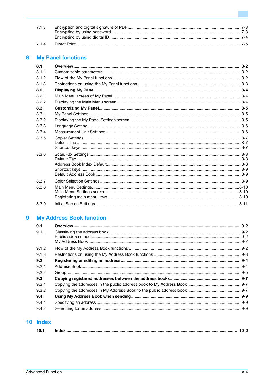 8my panel functions, 9my address book function, 10 index | Konica Minolta bizhub C451 User Manual | Page 5 / 82