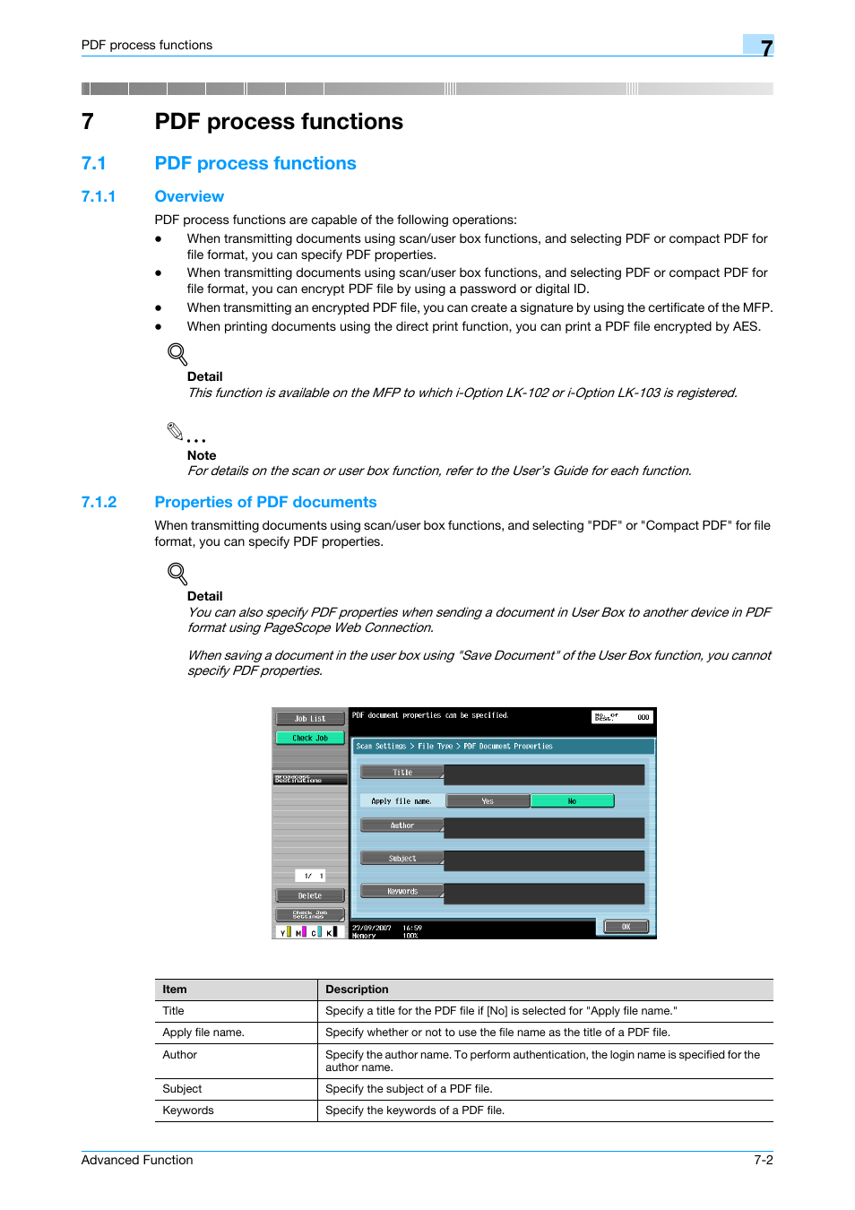 7 pdf process functions, 1 pdf process functions, 1 overview | 2 properties of pdf documents, Pdf process functions, Pdf process functions -2, Overview -2, Properties of pdf documents -2, 7pdf process functions | Konica Minolta bizhub C451 User Manual | Page 55 / 82