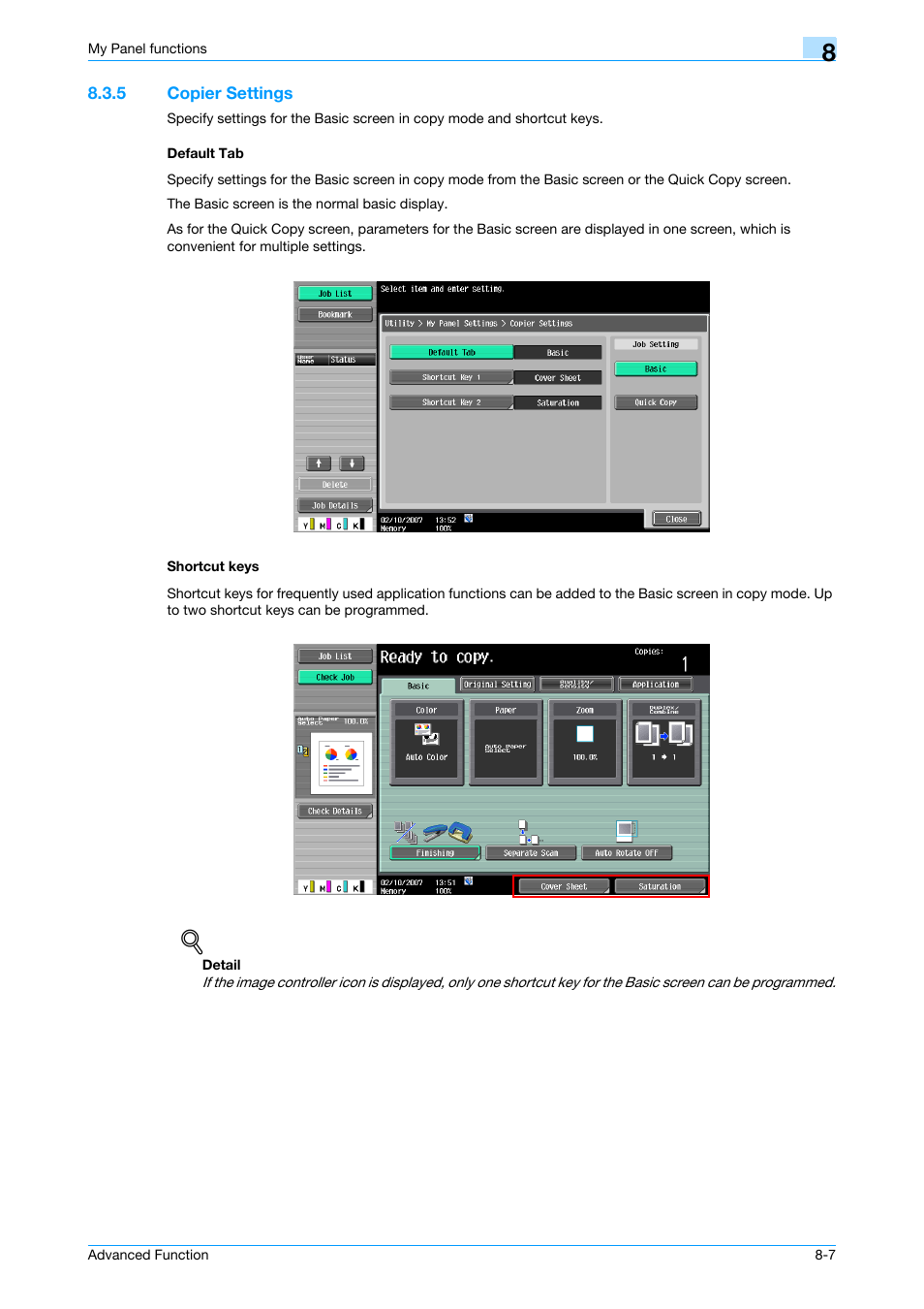 5 copier settings, Default tab, Shortcut keys | Copier settings -7 default tab -7 shortcut keys -7 | Konica Minolta bizhub C451 User Manual | Page 65 / 82