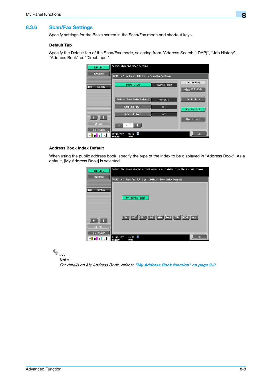 6 scan/fax settings, Default tab, Address book index default | Konica Minolta bizhub C451 User Manual | Page 66 / 82