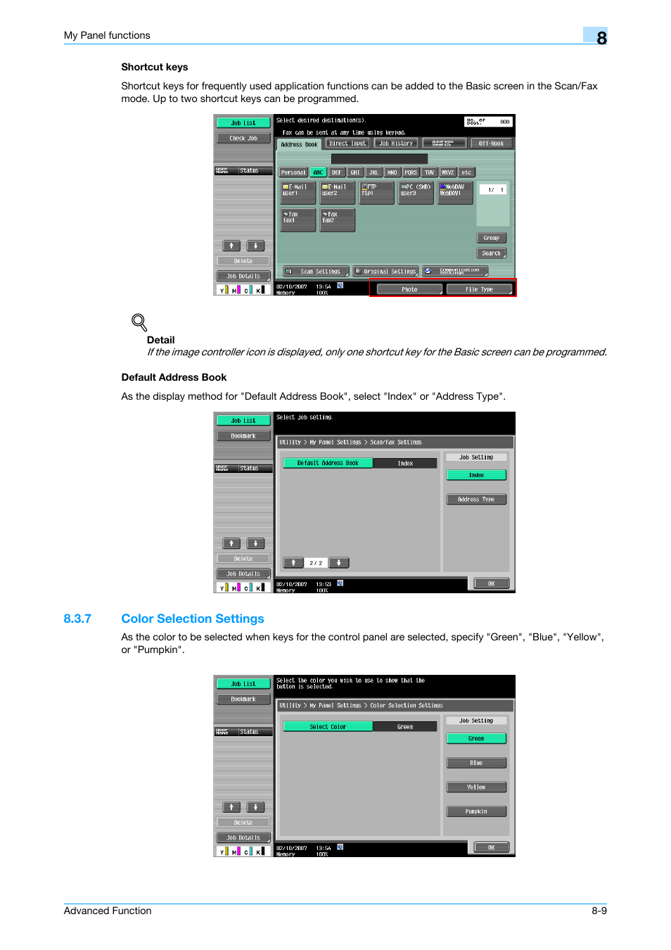 Shortcut keys, Default address book, 7 color selection settings | Shortcut keys -9 default address book -9, Color selection settings -9 | Konica Minolta bizhub C451 User Manual | Page 67 / 82