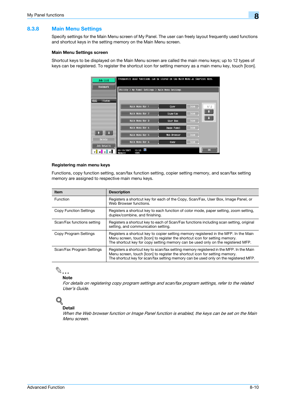 8 main menu settings, Main menu settings screen, Registering main menu keys | Konica Minolta bizhub C451 User Manual | Page 68 / 82