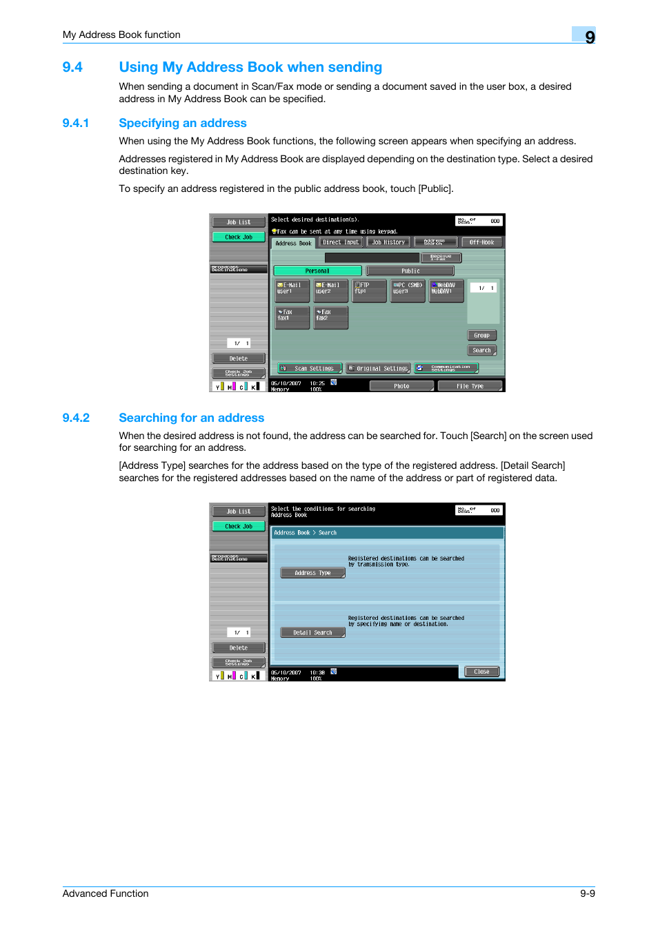 4 using my address book when sending, 1 specifying an address, 2 searching for an address | Using my address book when sending -9, Specifying an address -9, Searching for an address -9 | Konica Minolta bizhub C451 User Manual | Page 78 / 82