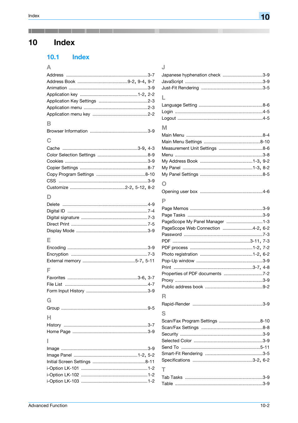 10 index, 1 index, A to t | Index -2, Chapter 10 index | Konica Minolta bizhub C451 User Manual | Page 80 / 82