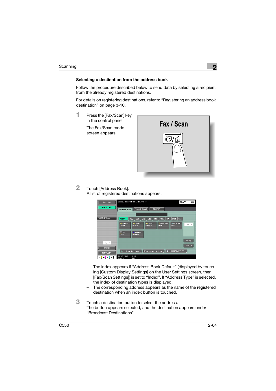 Selecting a destination from the address book, Selecting a destination from the address book -64 | Konica Minolta bizhub C550 User Manual | Page 103 / 415