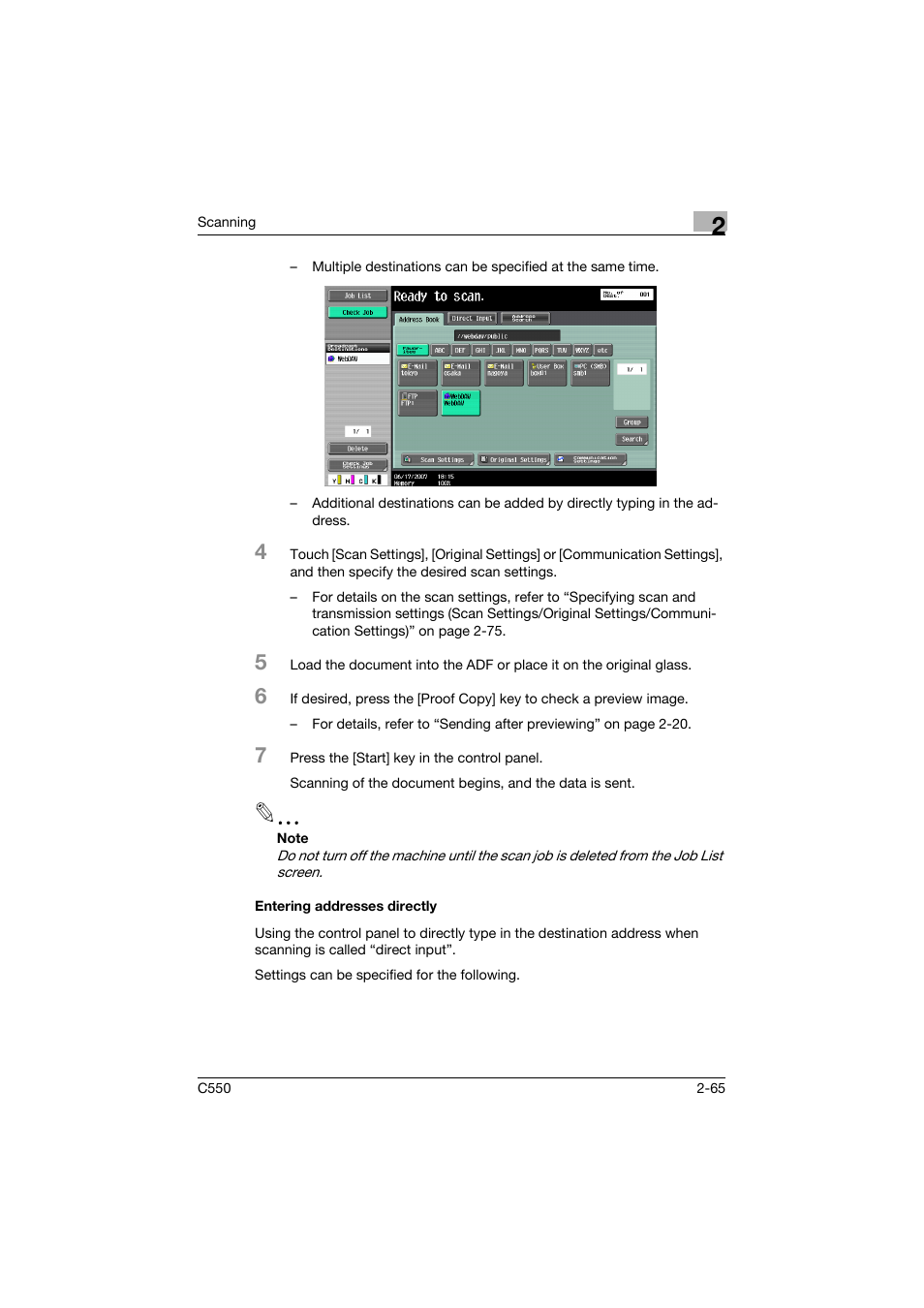 Entering addresses directly, Entering addresses directly -65 | Konica Minolta bizhub C550 User Manual | Page 104 / 415