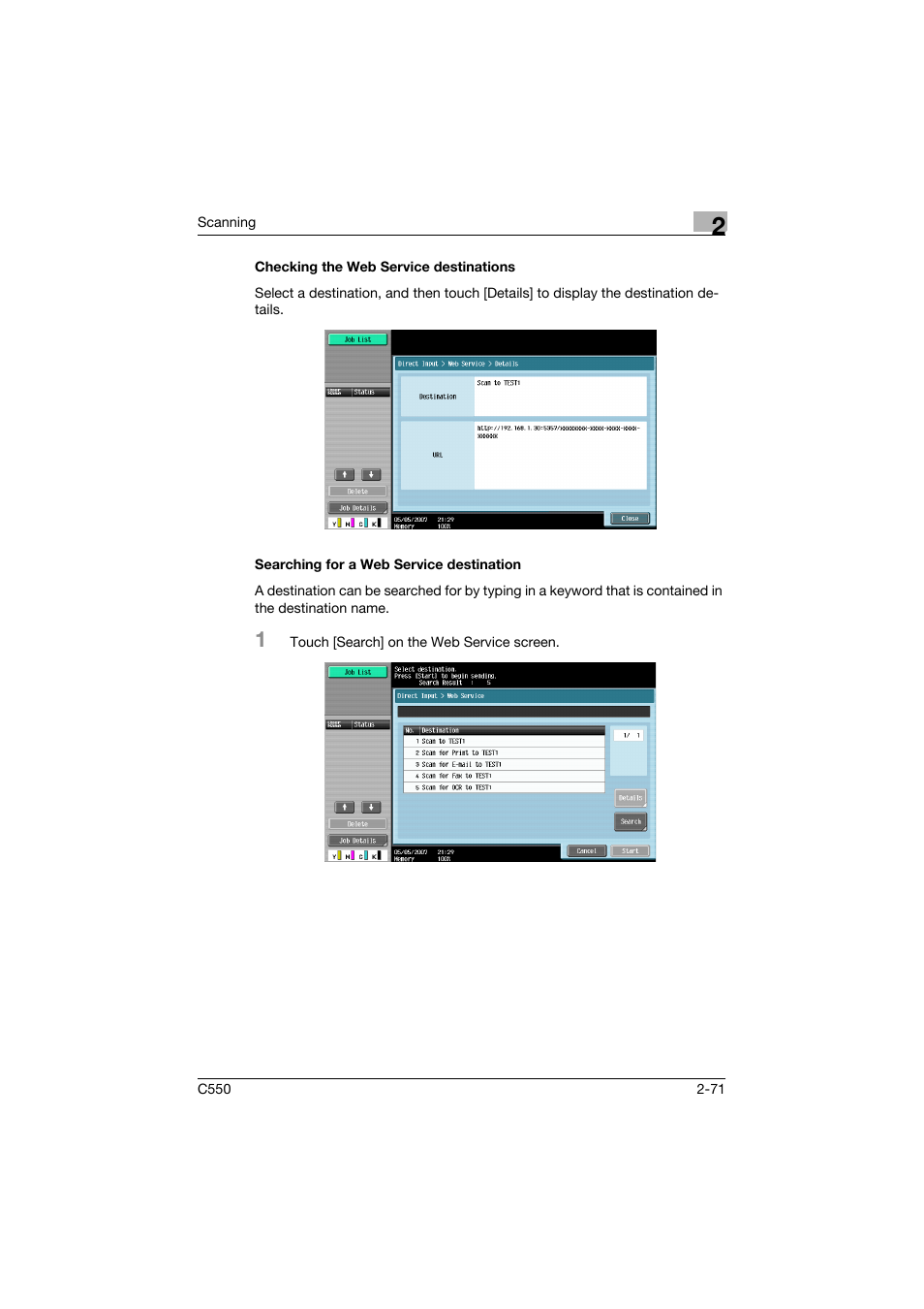 Checking the web service destinations, Searching for a web service destination | Konica Minolta bizhub C550 User Manual | Page 110 / 415