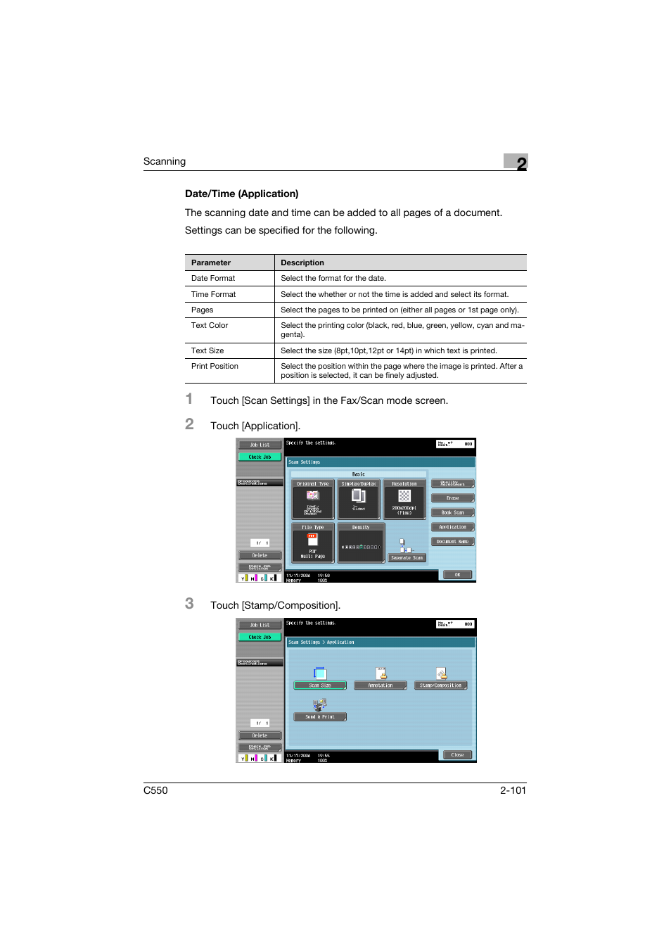 Date/time (application), Date/time (application) -101 | Konica Minolta bizhub C550 User Manual | Page 140 / 415