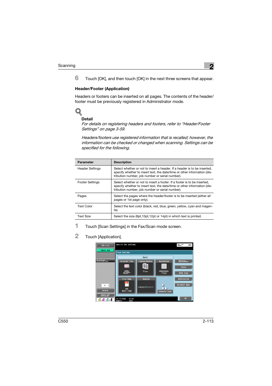 Header/footer (application), Header/footer (application) -113 | Konica Minolta bizhub C550 User Manual | Page 152 / 415