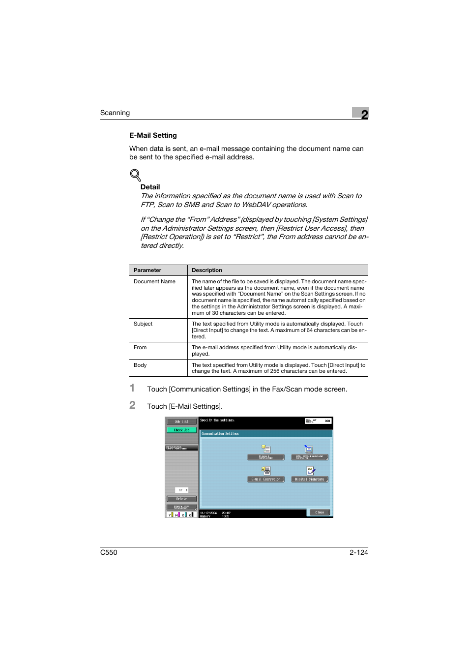 E-mail setting, E-mail setting -124, P. 2-124 | Konica Minolta bizhub C550 User Manual | Page 163 / 415