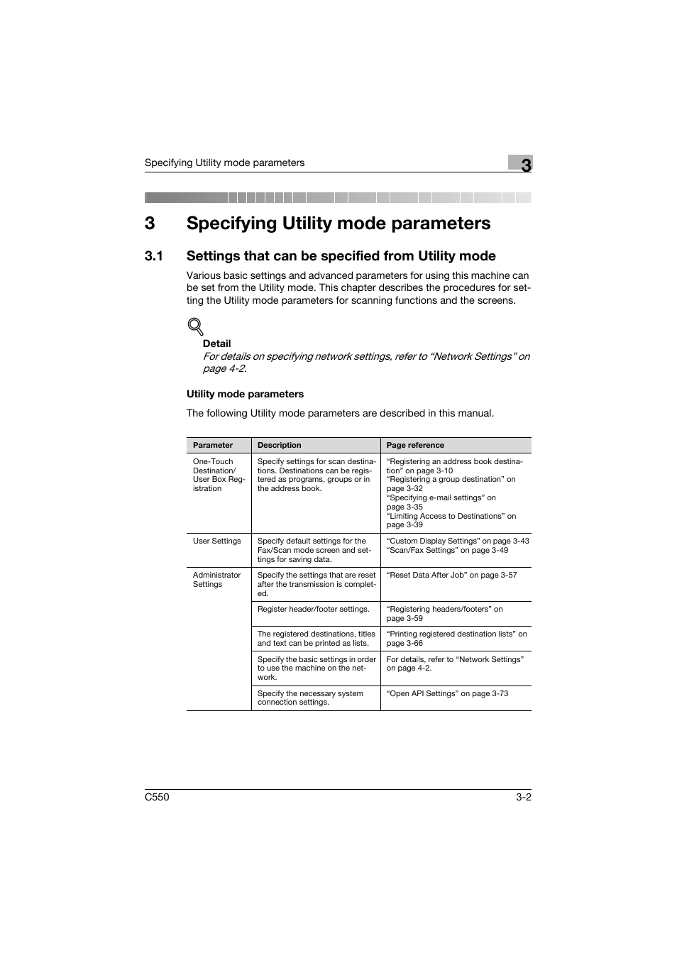 3 specifying utility mode parameters, 1 settings that can be specified from utility mode, Utility mode parameters | Specifying utility mode parameters, Utility mode parameters -2, 3specifying utility mode parameters | Konica Minolta bizhub C550 User Manual | Page 169 / 415