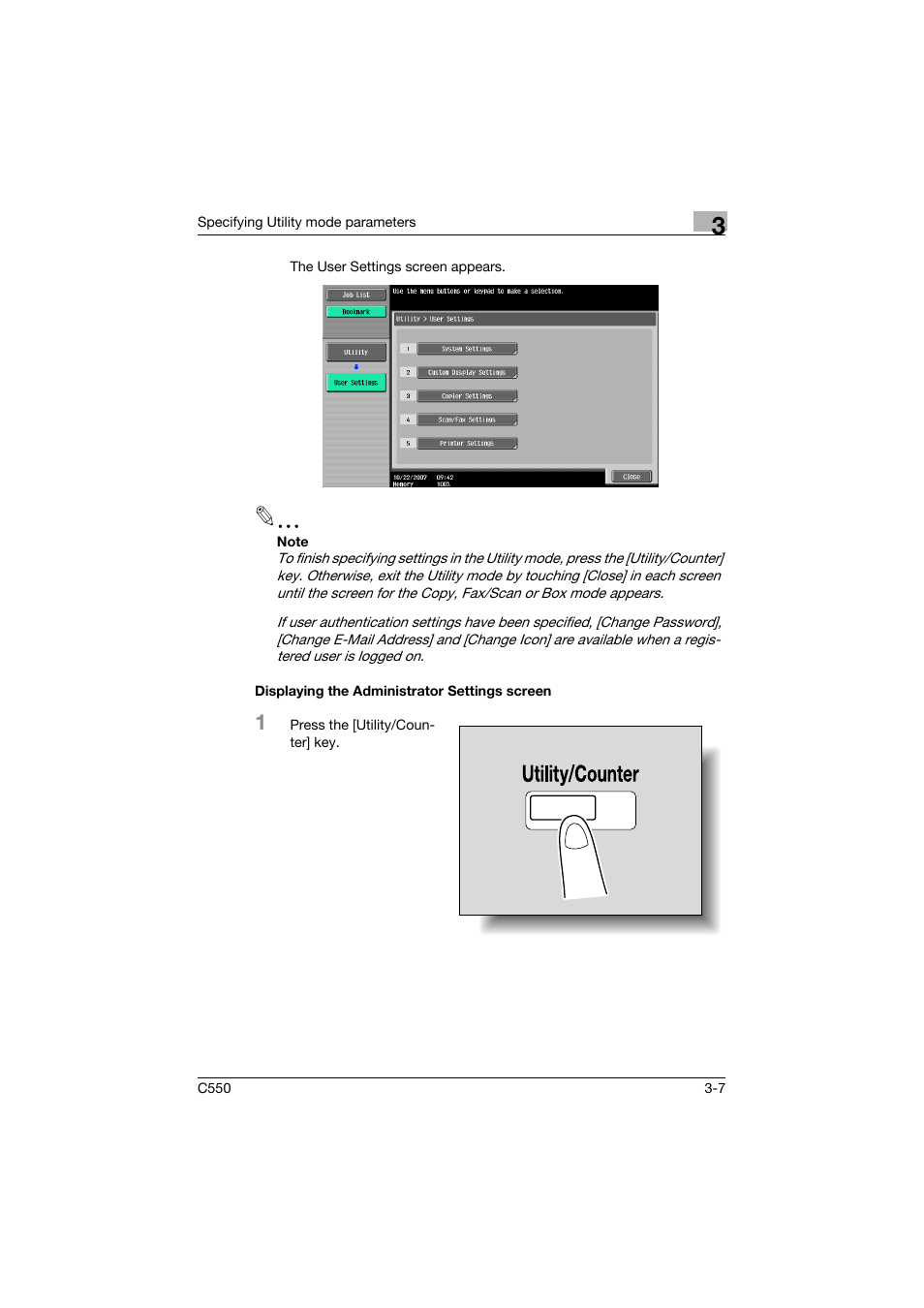 Displaying the administrator settings screen, Displaying the administrator settings screen -7 | Konica Minolta bizhub C550 User Manual | Page 174 / 415