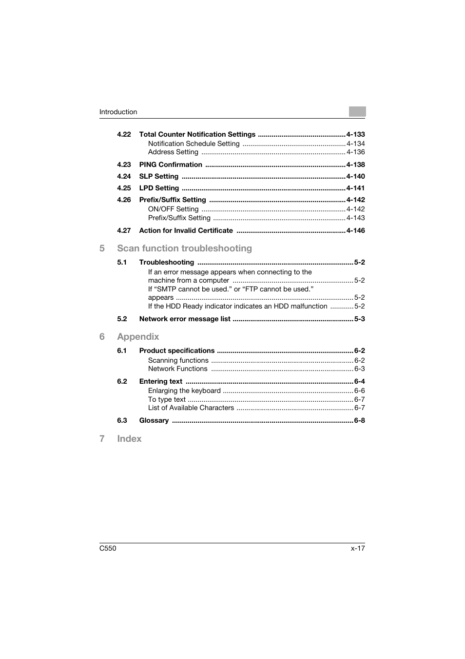 5scan function troubleshooting, 6appendix, 7index | Konica Minolta bizhub C550 User Manual | Page 18 / 415