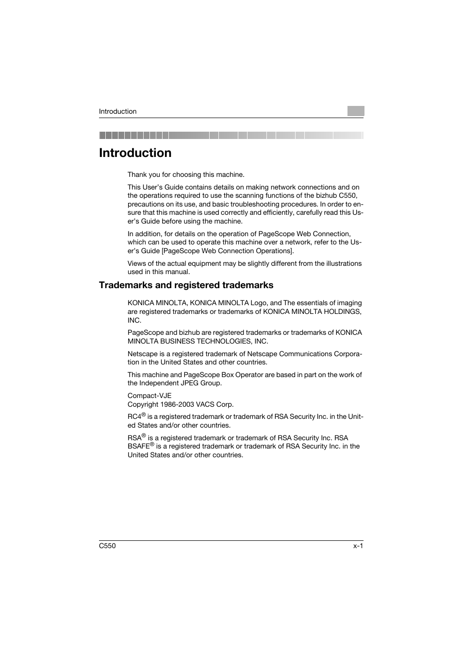 Introduction, Trademarks and registered trademarks | Konica Minolta bizhub C550 User Manual | Page 2 / 415