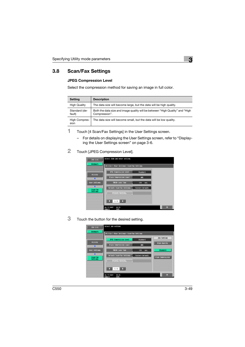 8 scan/fax settings, Jpeg compression level, Scan/fax settings -49 | Jpeg compression level -49 | Konica Minolta bizhub C550 User Manual | Page 216 / 415