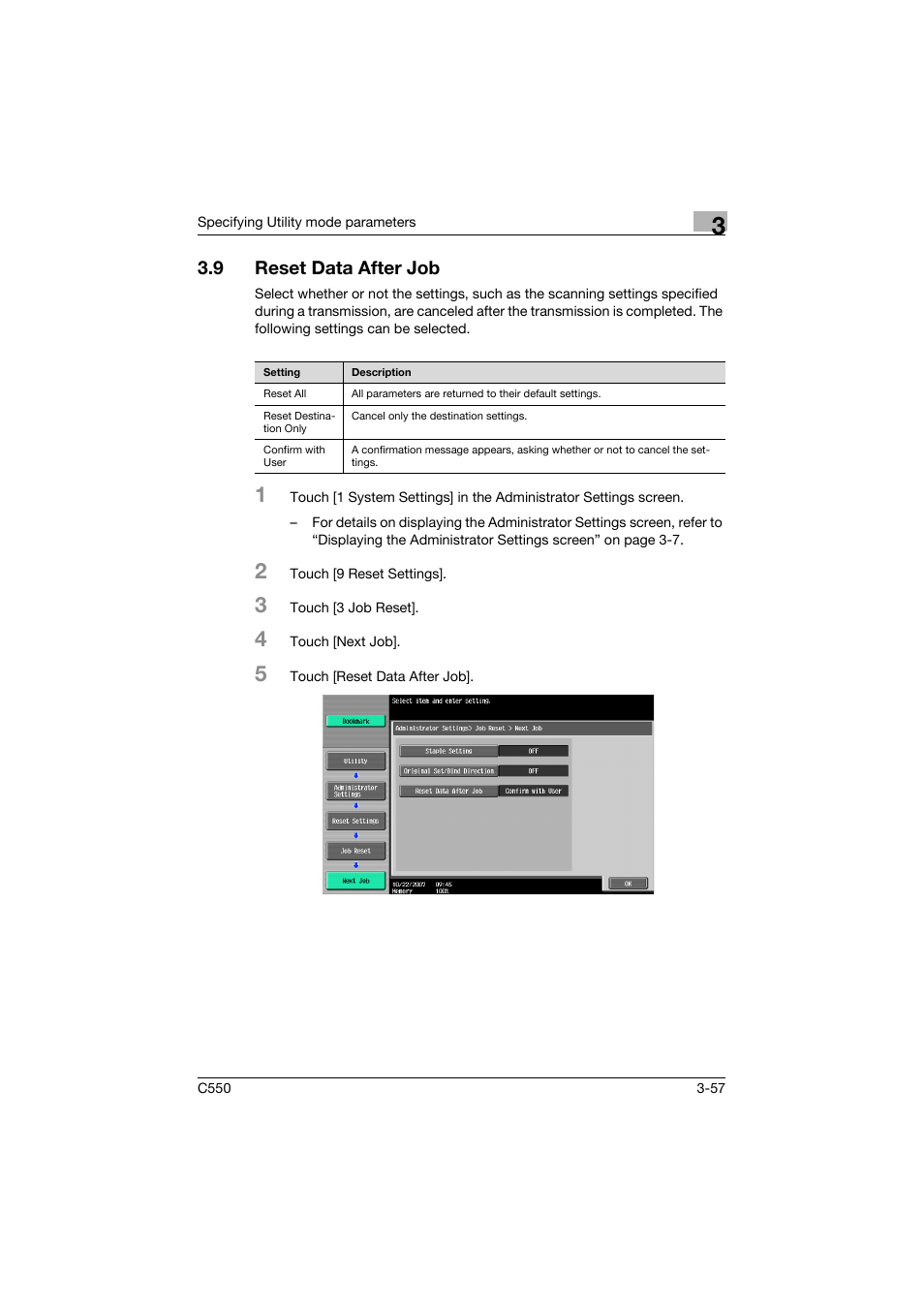 9 reset data after job, Reset data after job -57 | Konica Minolta bizhub C550 User Manual | Page 224 / 415