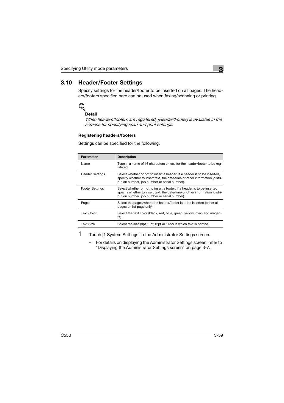 10 header/footer settings, Registering headers/footers, Header/footer settings -59 | Registering headers/footers -59 | Konica Minolta bizhub C550 User Manual | Page 226 / 415