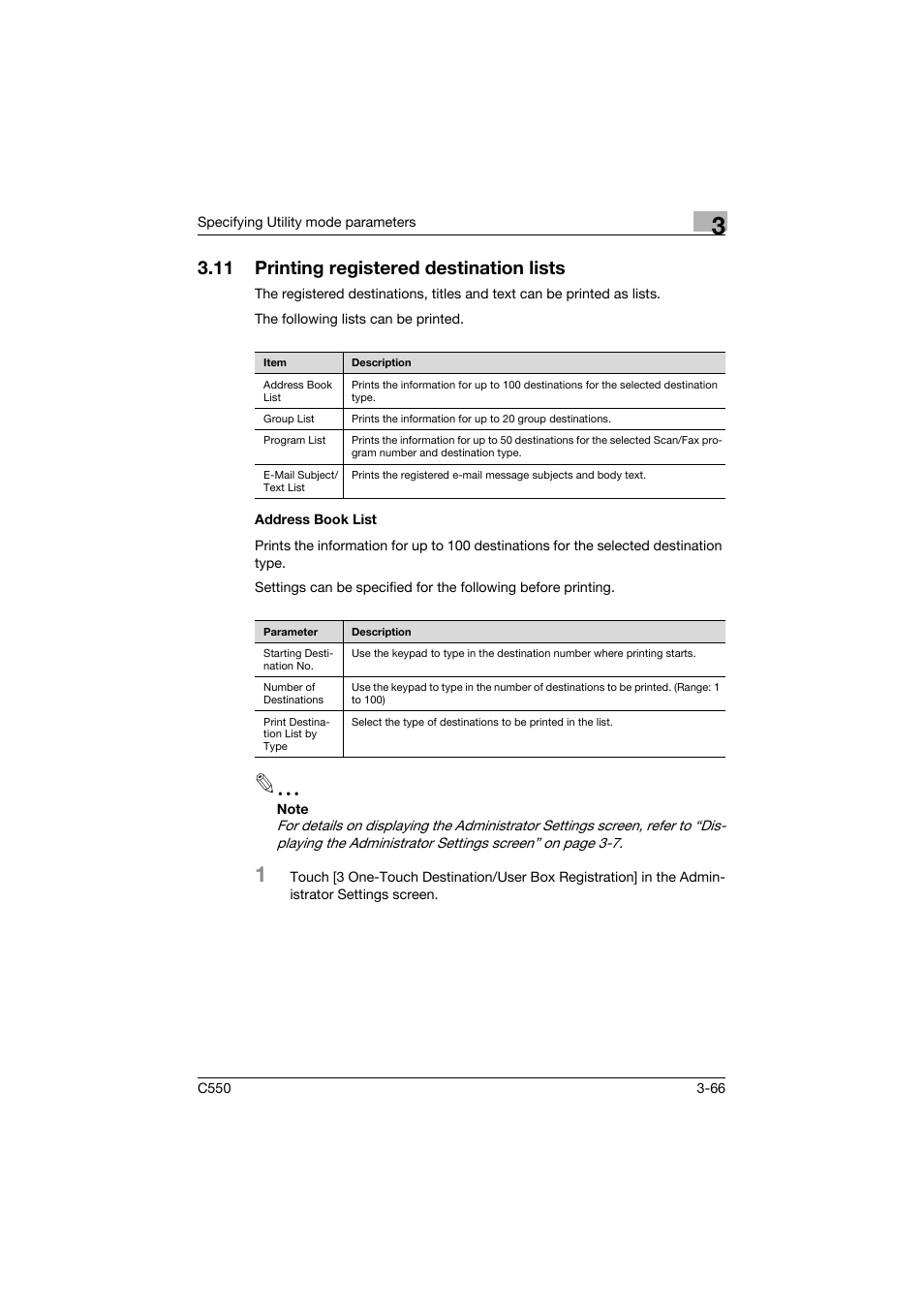 11 printing registered destination lists, Address book list, Printing registered destination lists -66 | Address book list -66 | Konica Minolta bizhub C550 User Manual | Page 233 / 415