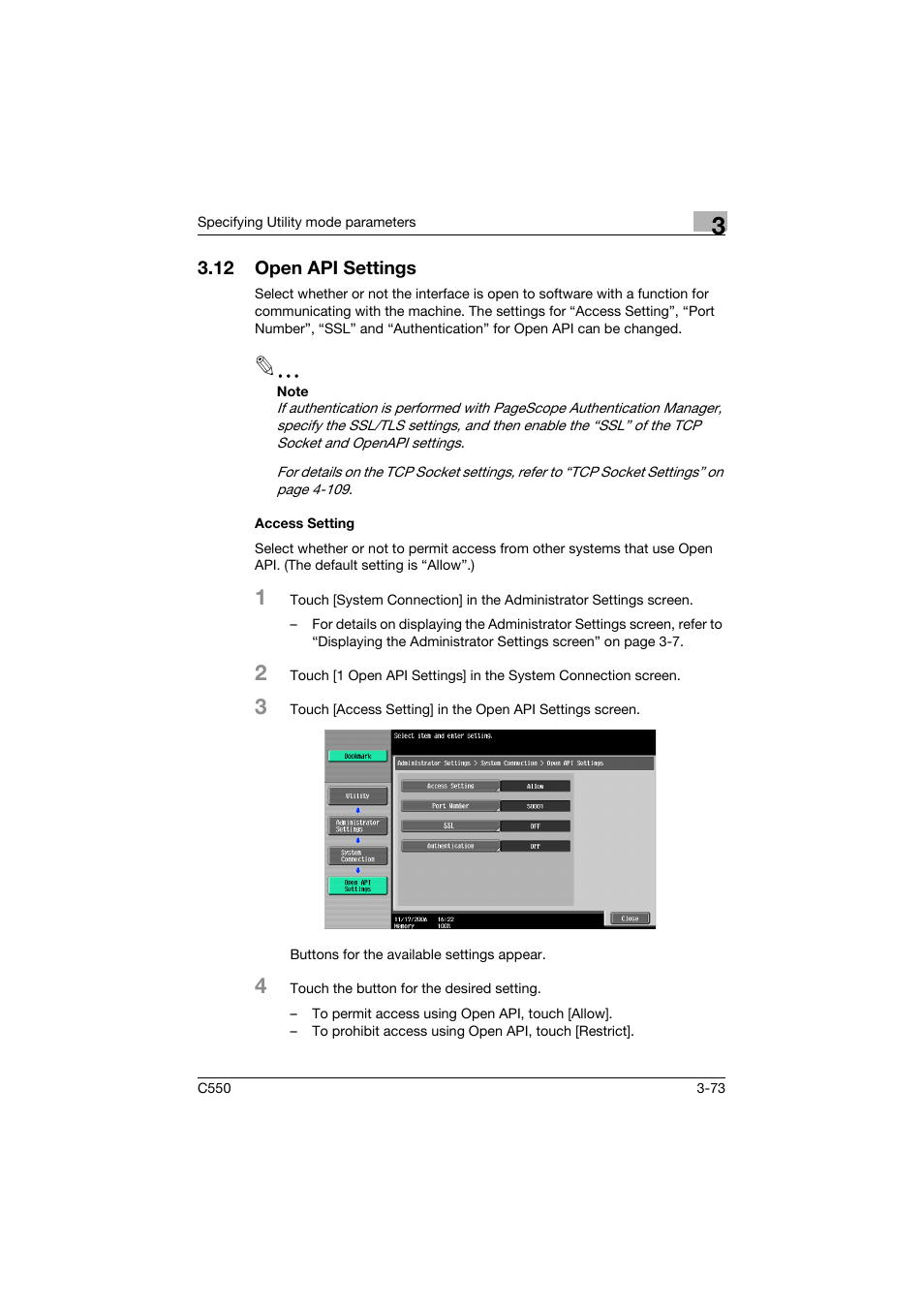 12 open api settings, Access setting, Open api settings -73 | Access setting -73 | Konica Minolta bizhub C550 User Manual | Page 240 / 415