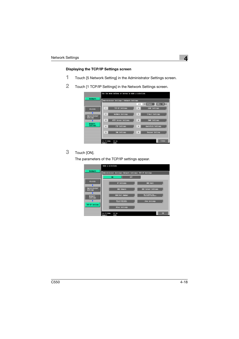 Displaying the tcp/ip settings screen, Displaying the tcp/ip settings screen -18 | Konica Minolta bizhub C550 User Manual | Page 264 / 415