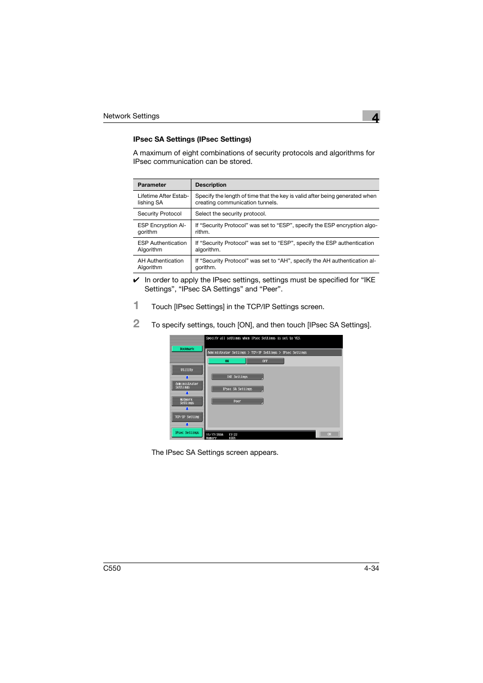 Ipsec sa settings (ipsec settings), Ipsec sa settings (ipsec settings) -34 | Konica Minolta bizhub C550 User Manual | Page 280 / 415