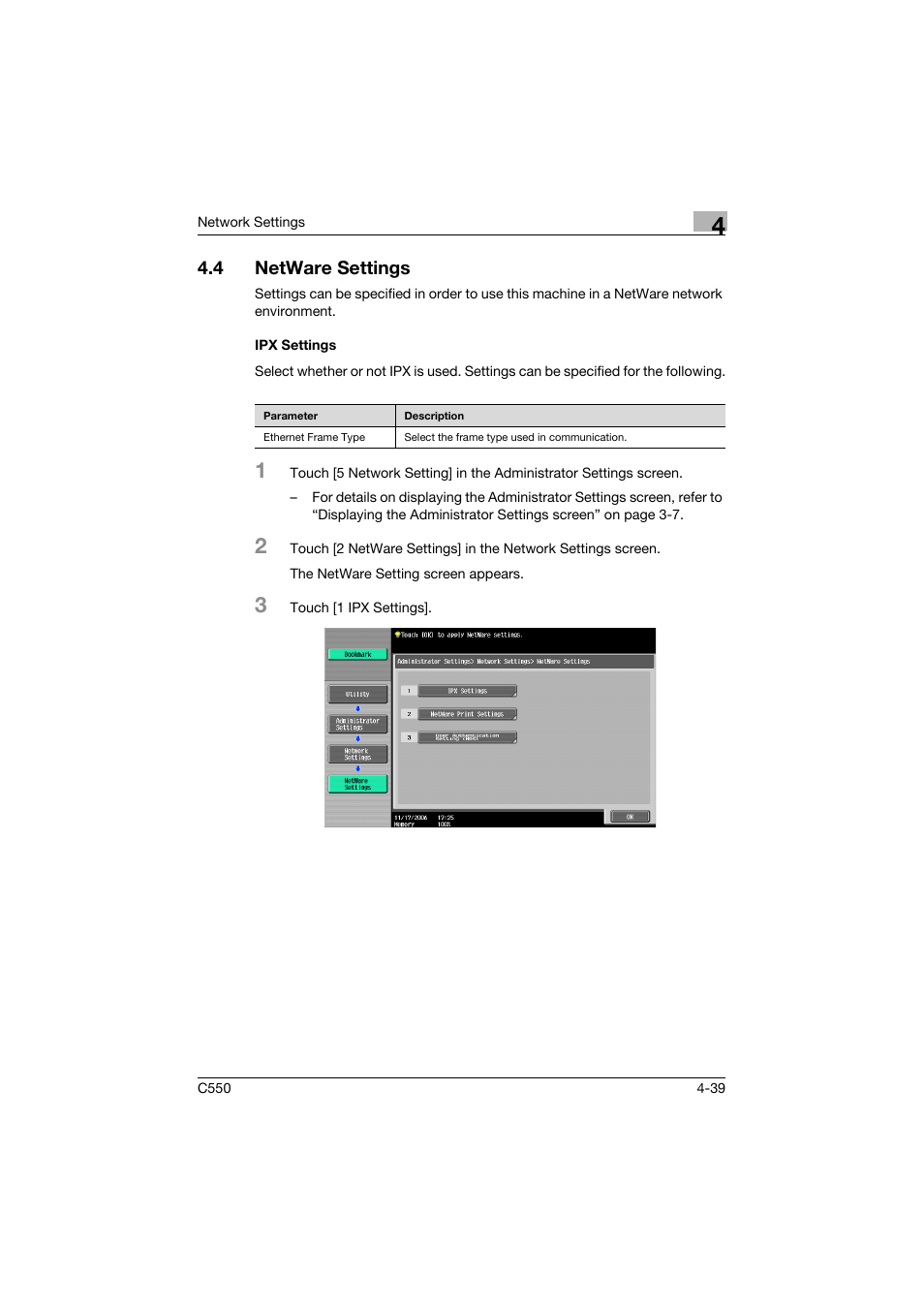 4 netware settings, Ipx settings, Netware settings -39 | Ipx settings -39 | Konica Minolta bizhub C550 User Manual | Page 285 / 415