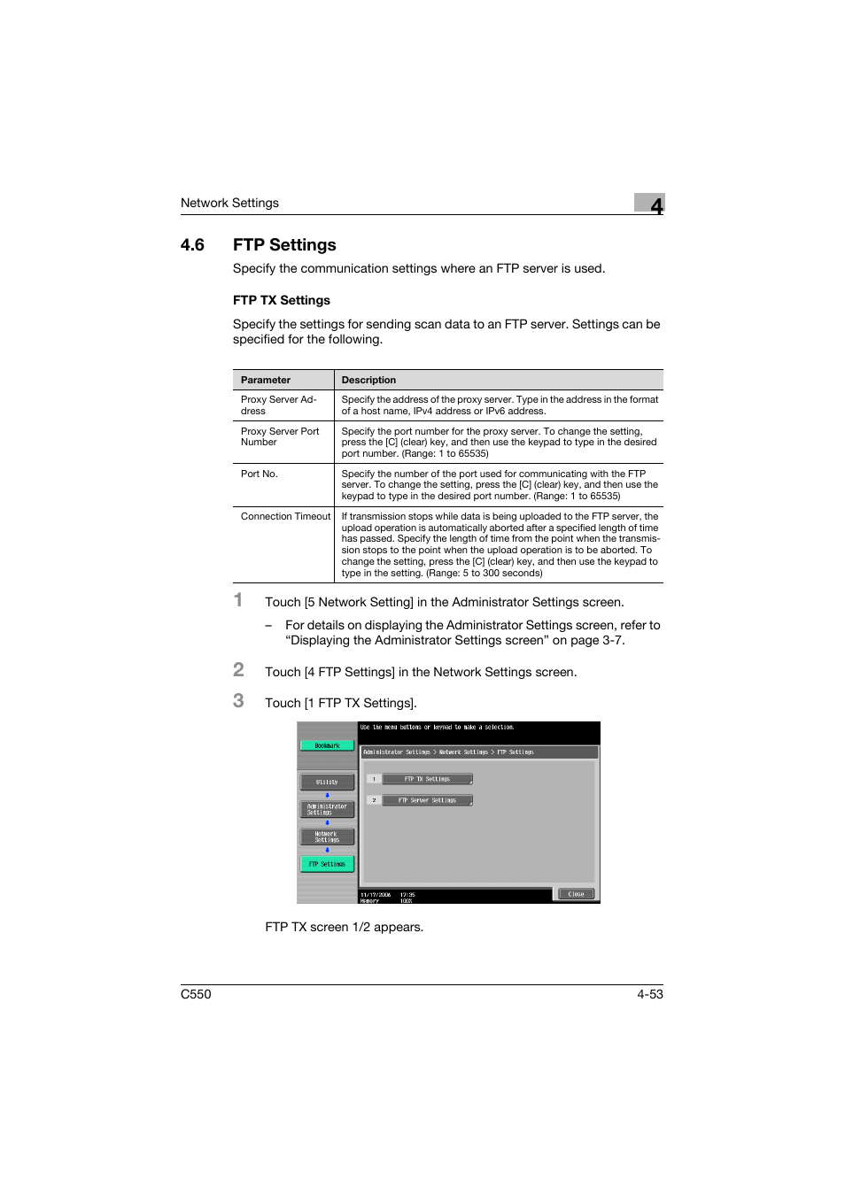 6 ftp settings, Ftp tx settings, Ftp settings -53 | Ftp tx settings -53 | Konica Minolta bizhub C550 User Manual | Page 299 / 415