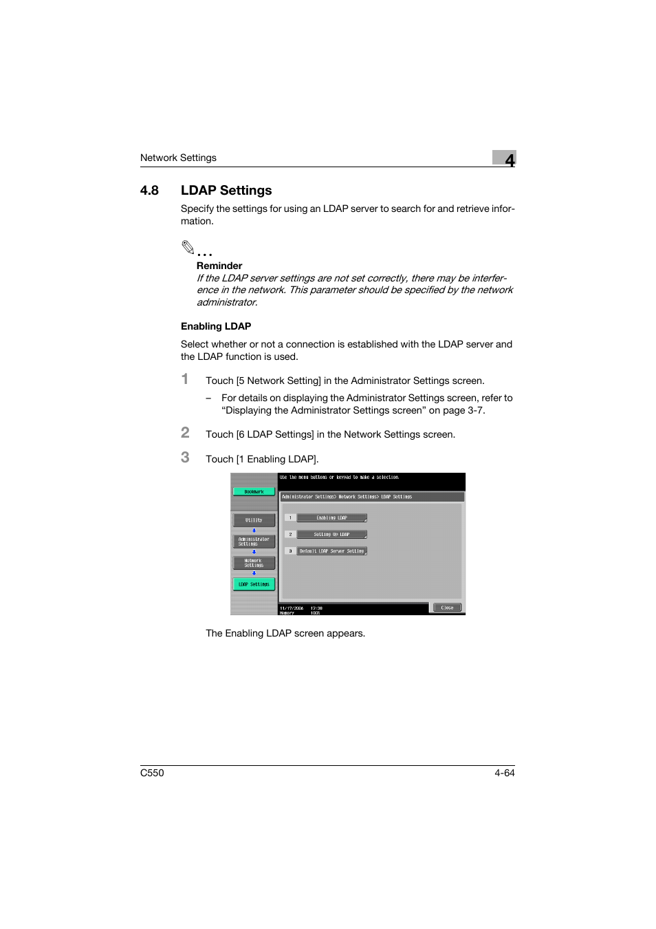 8 ldap settings, Enabling ldap, Ldap settings -64 | Enabling ldap -64 | Konica Minolta bizhub C550 User Manual | Page 310 / 415