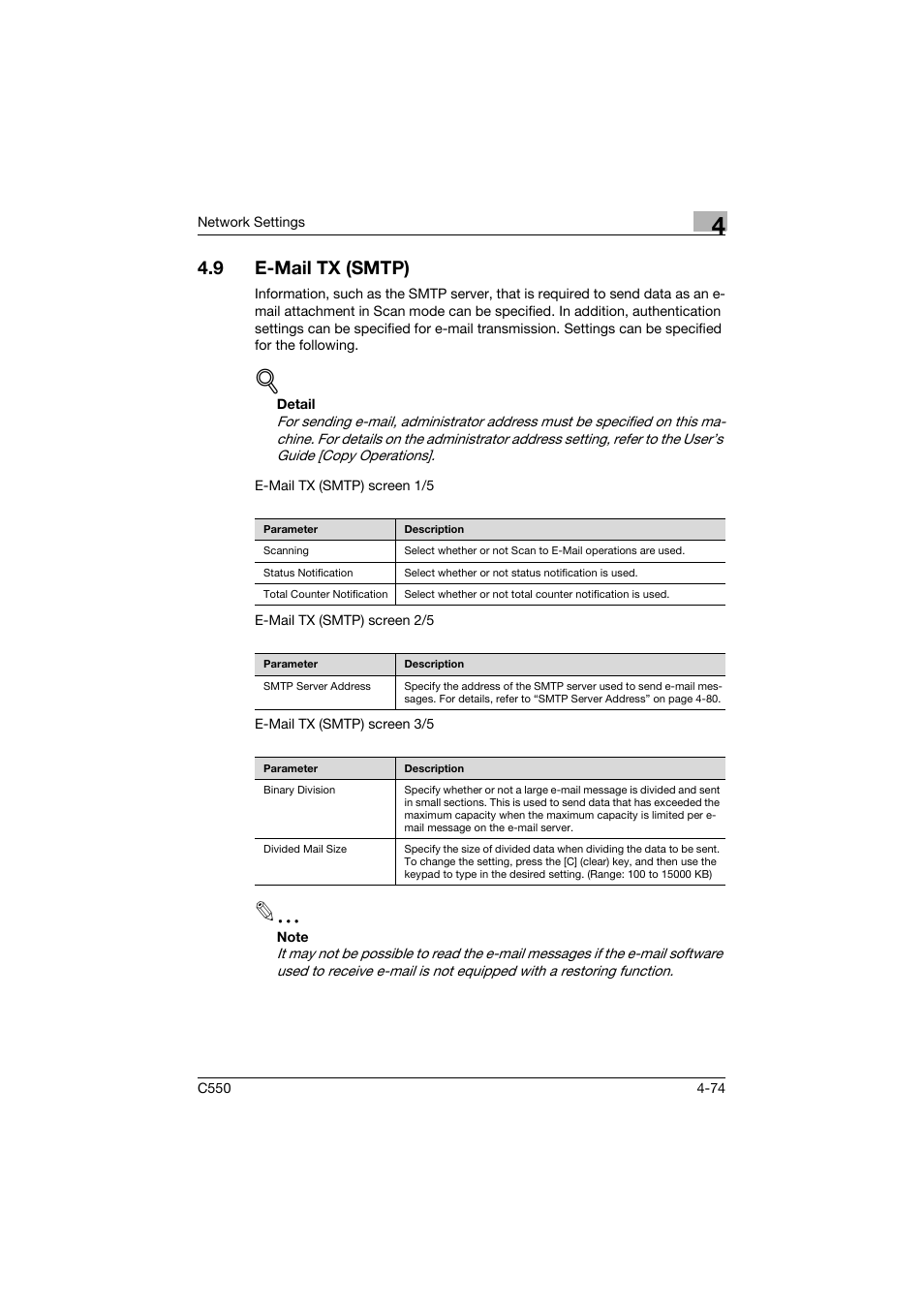 9 e-mail tx (smtp), E-mail tx (smtp) -74 | Konica Minolta bizhub C550 User Manual | Page 320 / 415