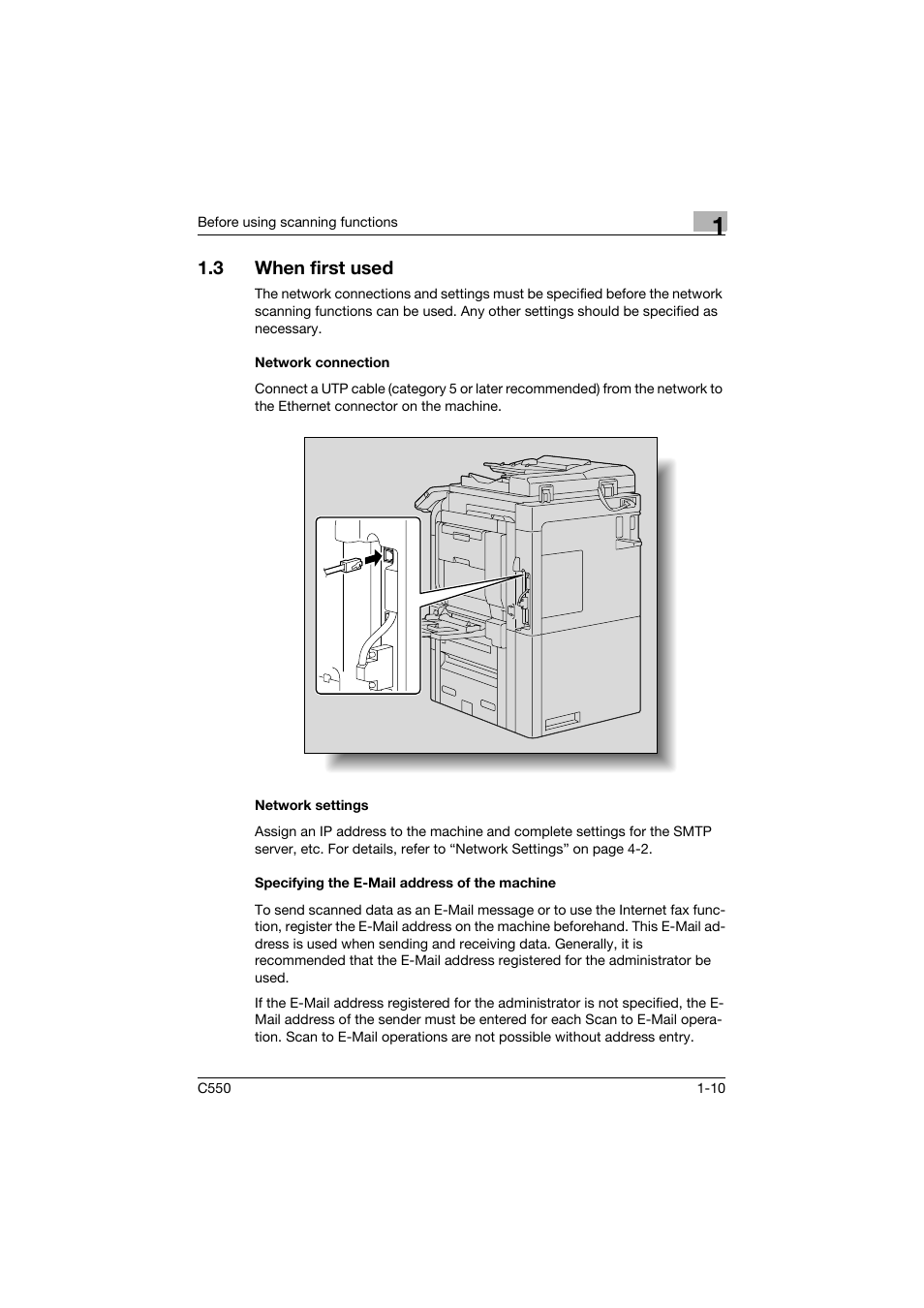 3 when first used, Network connection, Network settings | Specifying the e-mail address of the machine, When first used -10 | Konica Minolta bizhub C550 User Manual | Page 33 / 415