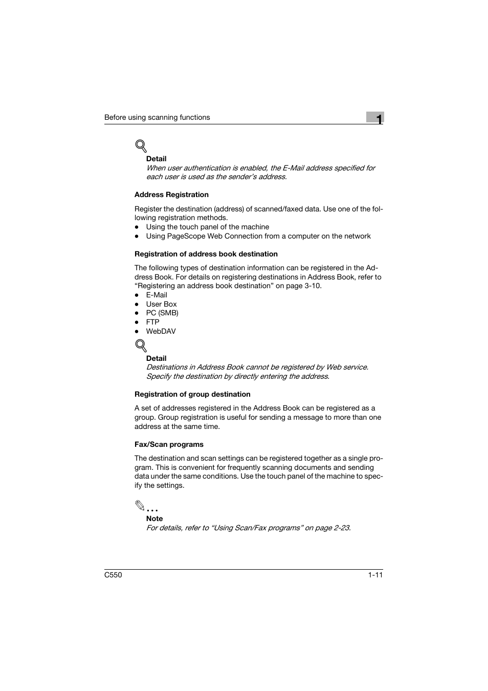 Address registration, Registration of address book destination, Registration of group destination | Fax/scan programs | Konica Minolta bizhub C550 User Manual | Page 34 / 415