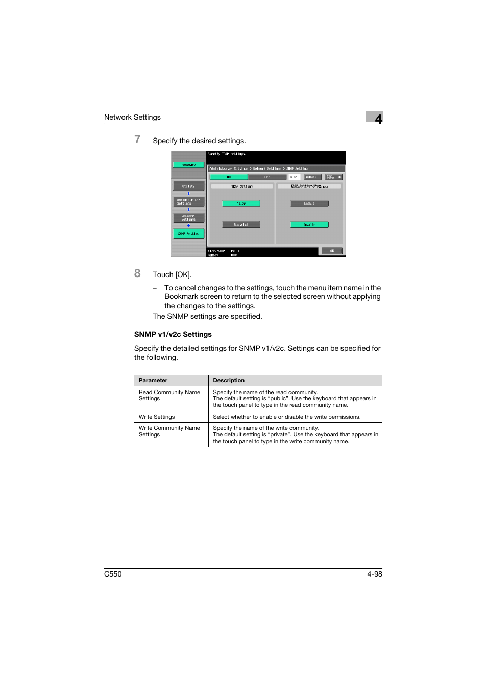 Snmp v1/v2c settings, Snmp v1/v2c settings -98 | Konica Minolta bizhub C550 User Manual | Page 344 / 415