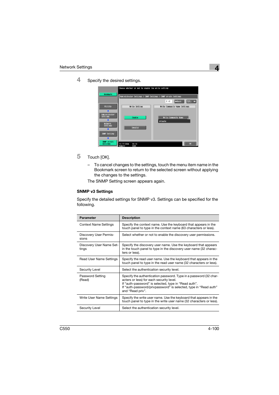 Snmp v3 settings, Snmp v3 settings -100 | Konica Minolta bizhub C550 User Manual | Page 346 / 415