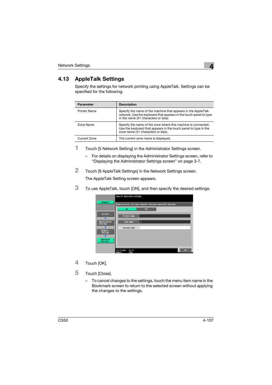 13 appletalk settings, Appletalk settings -107 | Konica Minolta bizhub C550 User Manual | Page 353 / 415